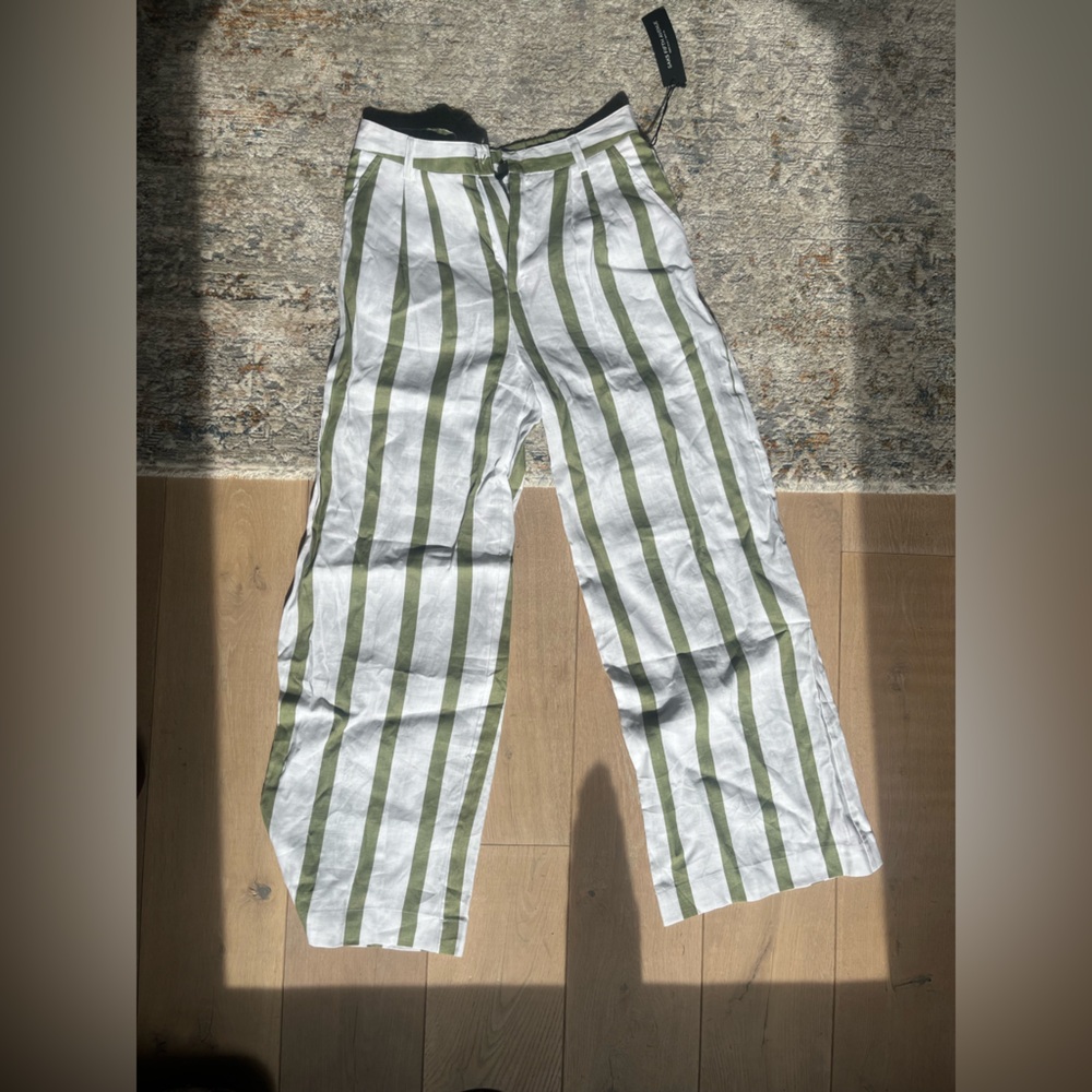 Saks Fifth Avenue Olive and White Striped Linen Pants